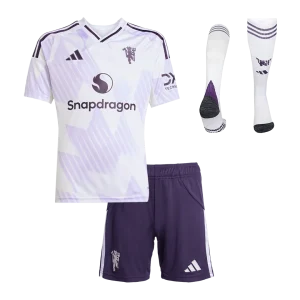 Manchester United Infantil Fora Futebol Camisa Conjunto (Camisa + Calção + Meias) 2025/26 Branco